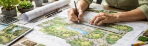 Diseño de proyectos paisajísticos con planos técnicos, vegetación y herramientas de planificación en estudio profesional.